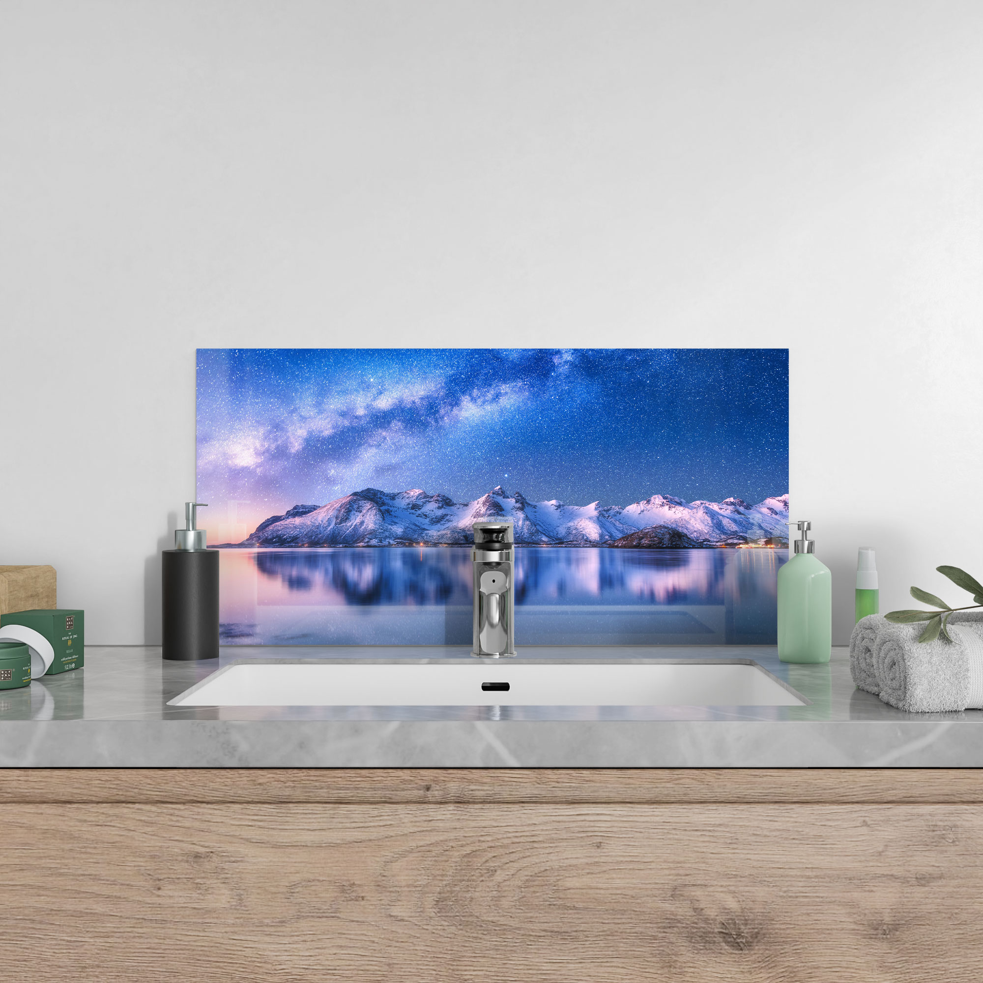 DEQORI Küchenrückwand Glas Galaxis über Fjord Spritzschutz Rückwand, v. Gr.