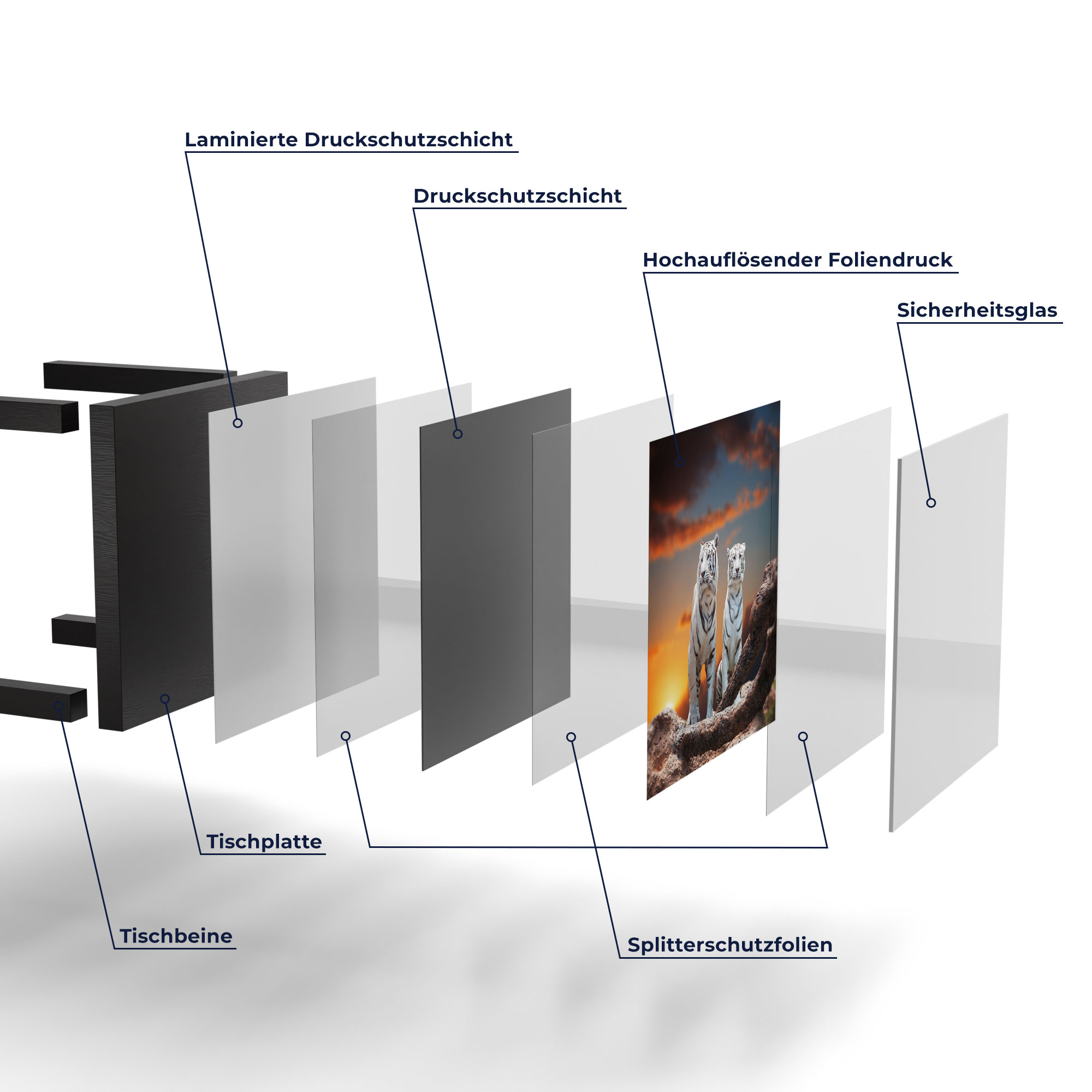 DEQORI Couchtisch Weiße Tiger im Abendlicht Glas Glastisch, versch. Ausf.